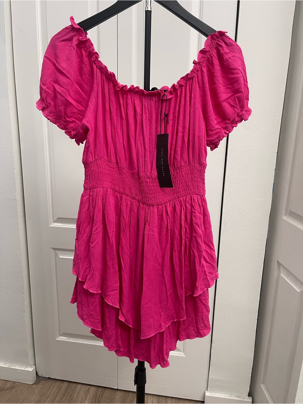 Hot Pink Off-Shoulder Ruffle Mini Dress - Picture 3 of 3